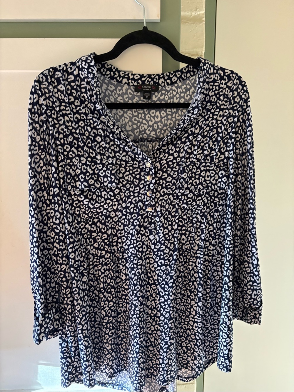 Cocomo Navy and White Leopard Print Henley Tunic